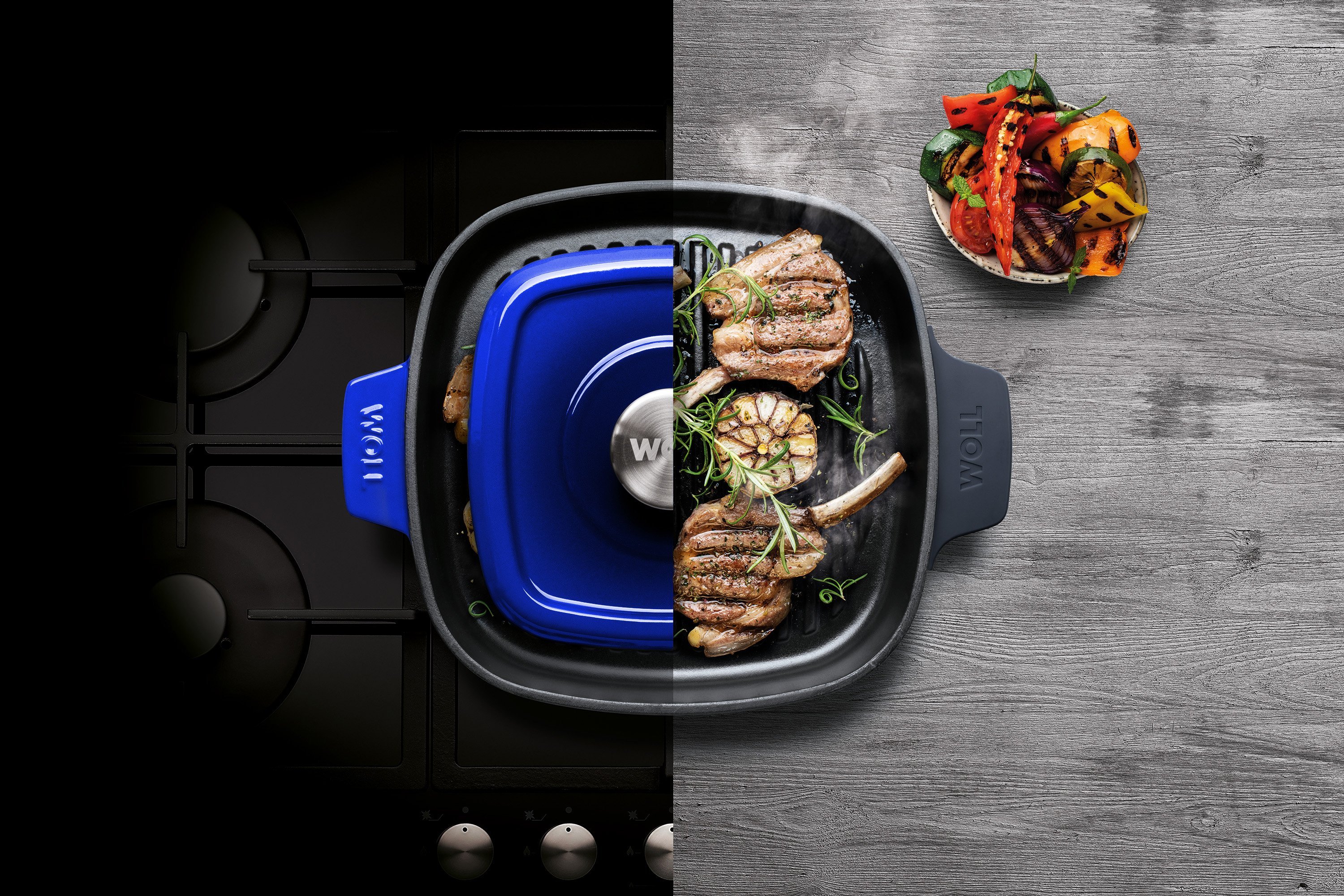 Iron Guss-Grillpfannen-Set mit Küchenzange, 24 x 24 cm Die viereckige, blaue Iron Grillpfanne mit Rillen und Steakpresse steht auf dem Herd und kann direkt mit dem angebratenen Fleisch auf den Tisch gestellt werden.