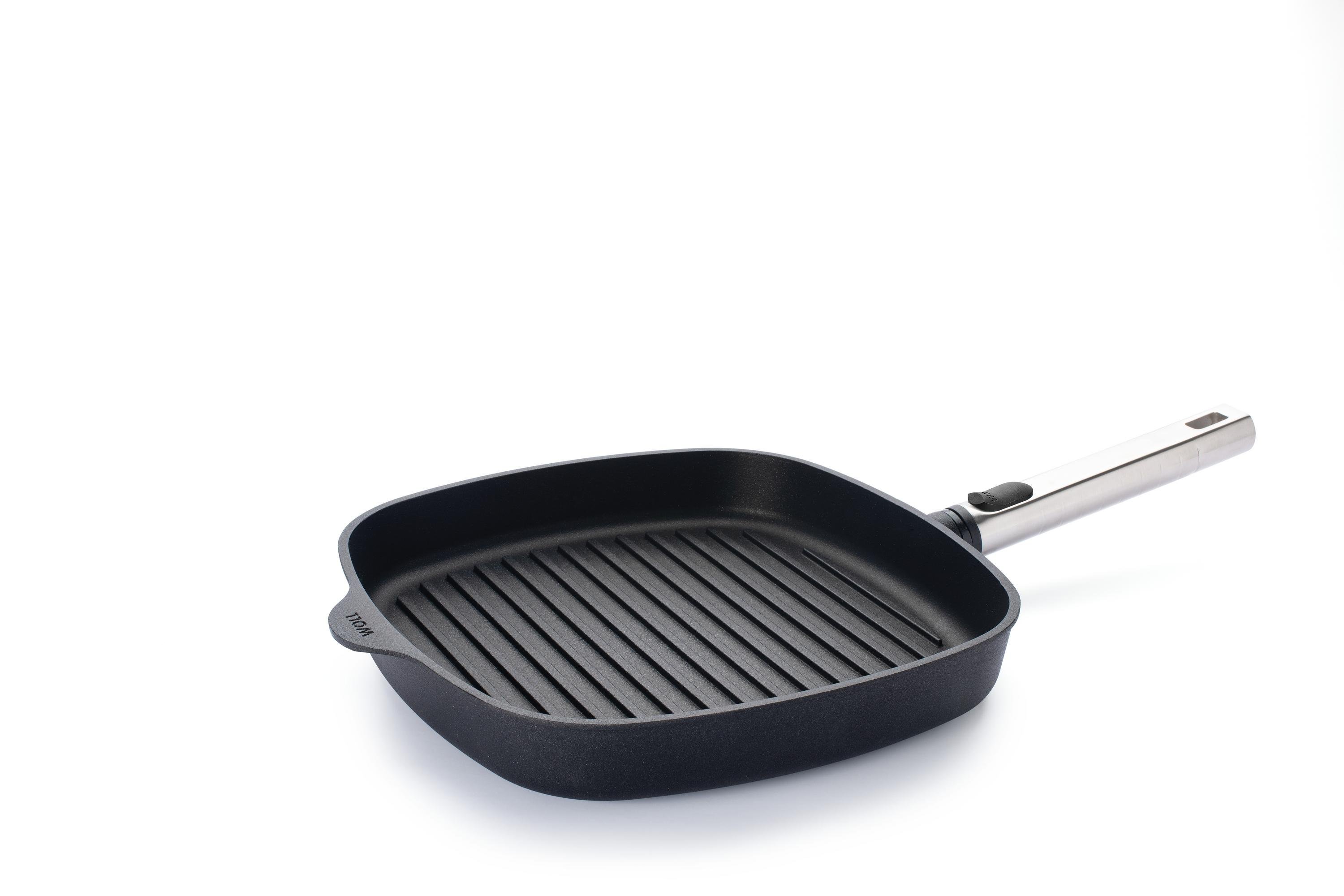 1628-1PLCI_3Quarter Logic XR Guss-Steakpfanne, viereckig, mit Rillen | Edelstahl - Abnehmbar | Alle Herdarten inkl. Induktion | 28x28cm