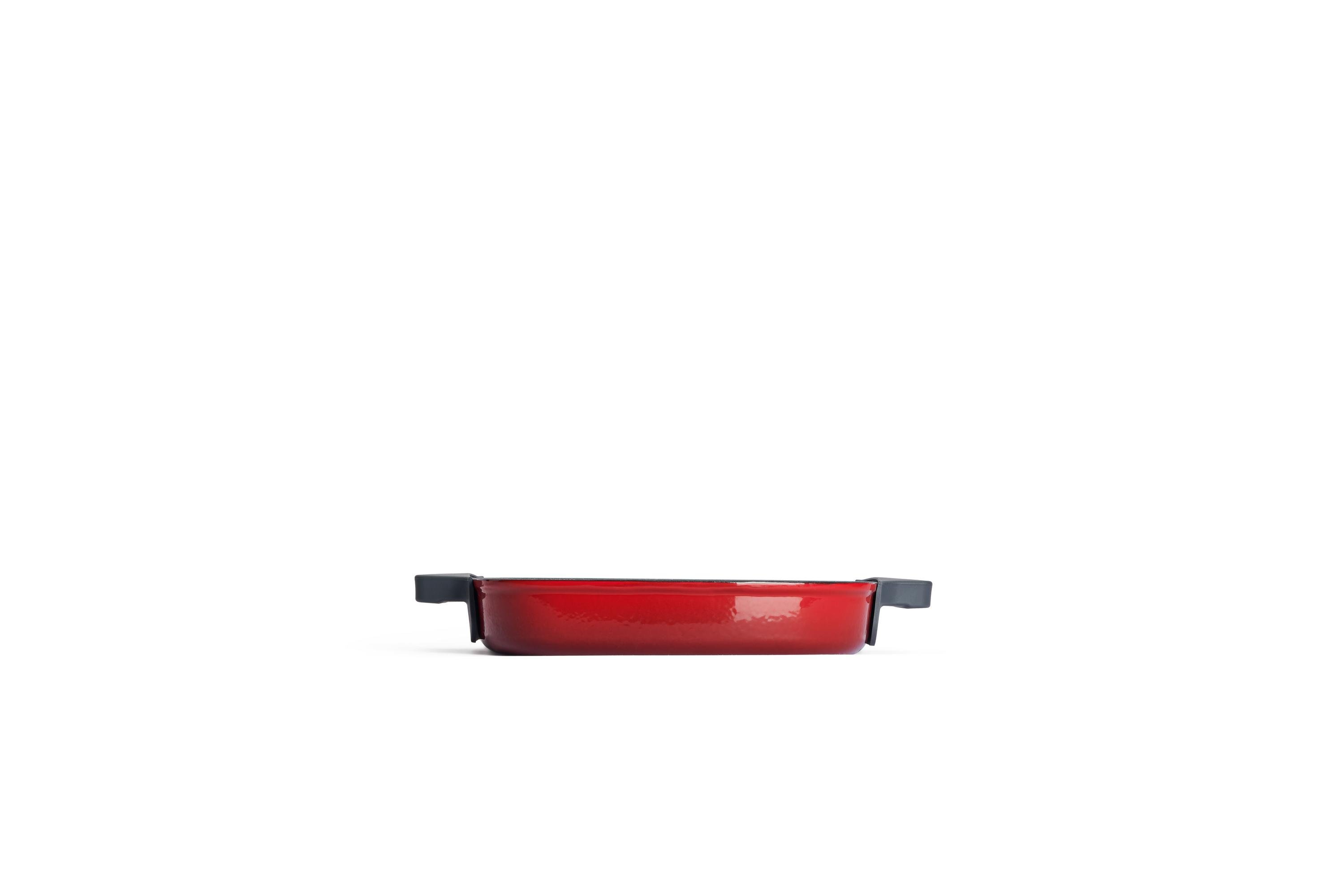 Iron Guss-Grillpfanne, mit Rillen und Steakpresse Seitenansicht | 24x24cm | Alle Herdarten inkl. Induktion | Chili Red